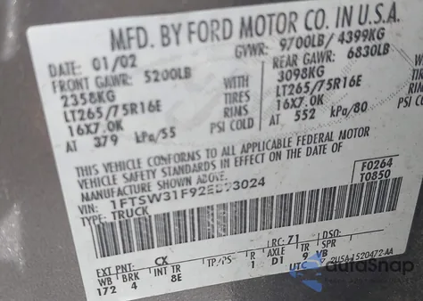 2002 Ford F-350 Lariat/Xl/Xlt z USA, uszkodzony, nr VIN 1FTSW31F92EB93024